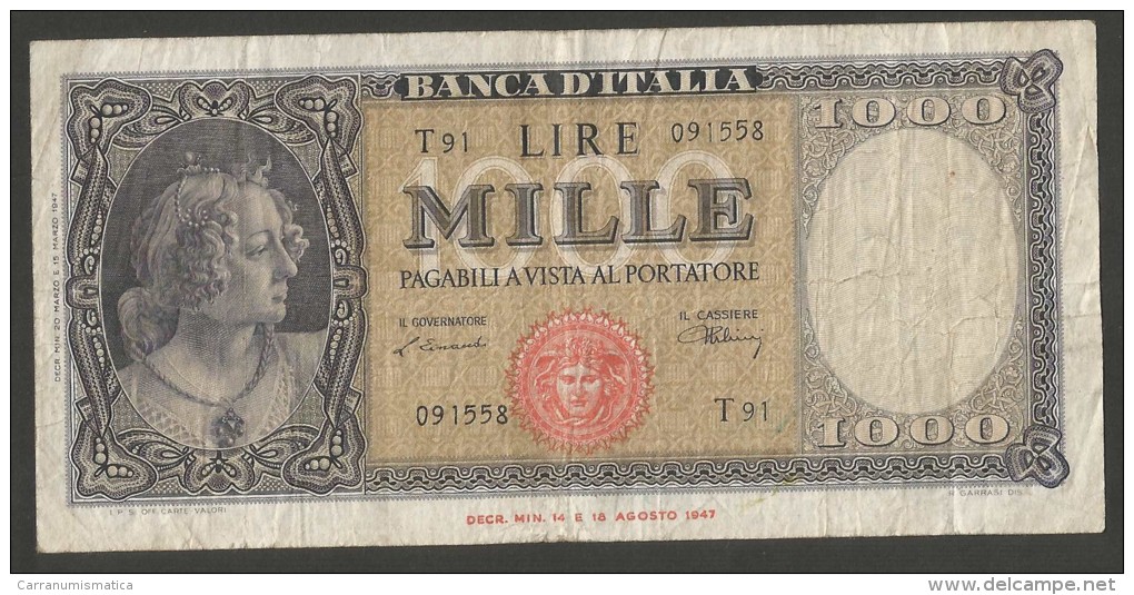 REPUBBLICA ITALIANA - 1000 Lire ITALIA (Medusa) - (Firme: Einaudi / Urbini - Decr. 20/03/1947) - 1000 Lire