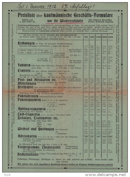 Preisliste  Schmidt Et Chelow A Gotha 1912 - Imprimerie & Papeterie