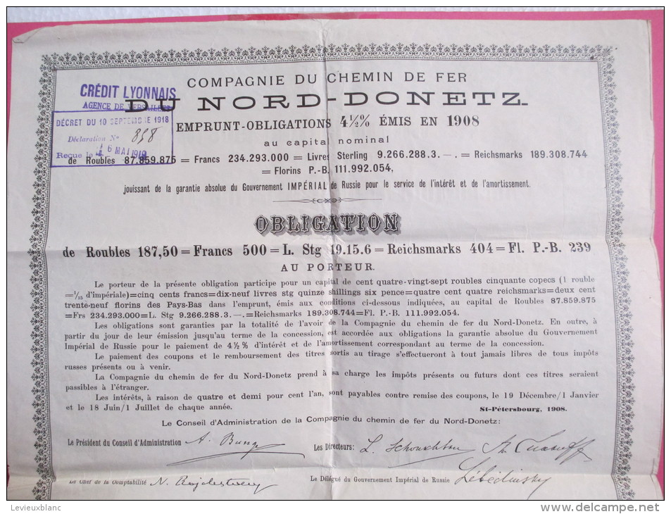 Chemins De Fer / Russie/Compagnie Du Nord Donetz/ Obligation De 500 Francs Au Porteur /1908  ACT 47 - Railway & Tramway