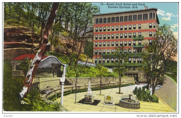 Eureka Springs AR Arkansas, Basin Park Hotel &amp; Park, Lodging, C1930s Vintage Linen Postcard - Other & Unclassified