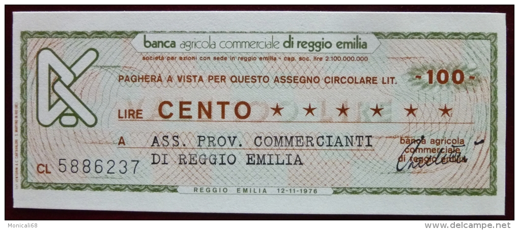 Banca Agricola Comm.le Reggio Emilia 12.11.1976 100 Li. Miniassegni Ass. Prov. Commercianti Reggio E. Nuovo FDS - [10] Scheck Und Mini-Scheck