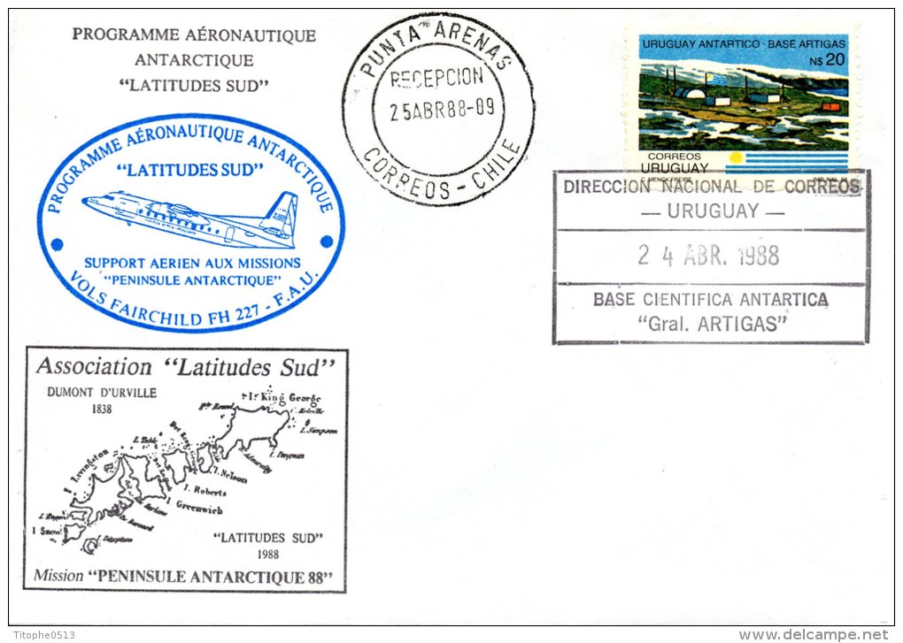 URUGUAY. Enveloppe Commémorative De 1988. Programme Aéronautique Antarctique. Association " Latitudes Sud" - Polare Flüge