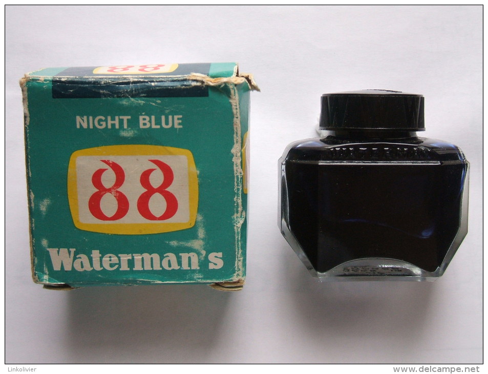Ancien ENCRIER En Verre WATERMAN 88 Bleu Nuit JIF (plein) En Boîte - Encriers