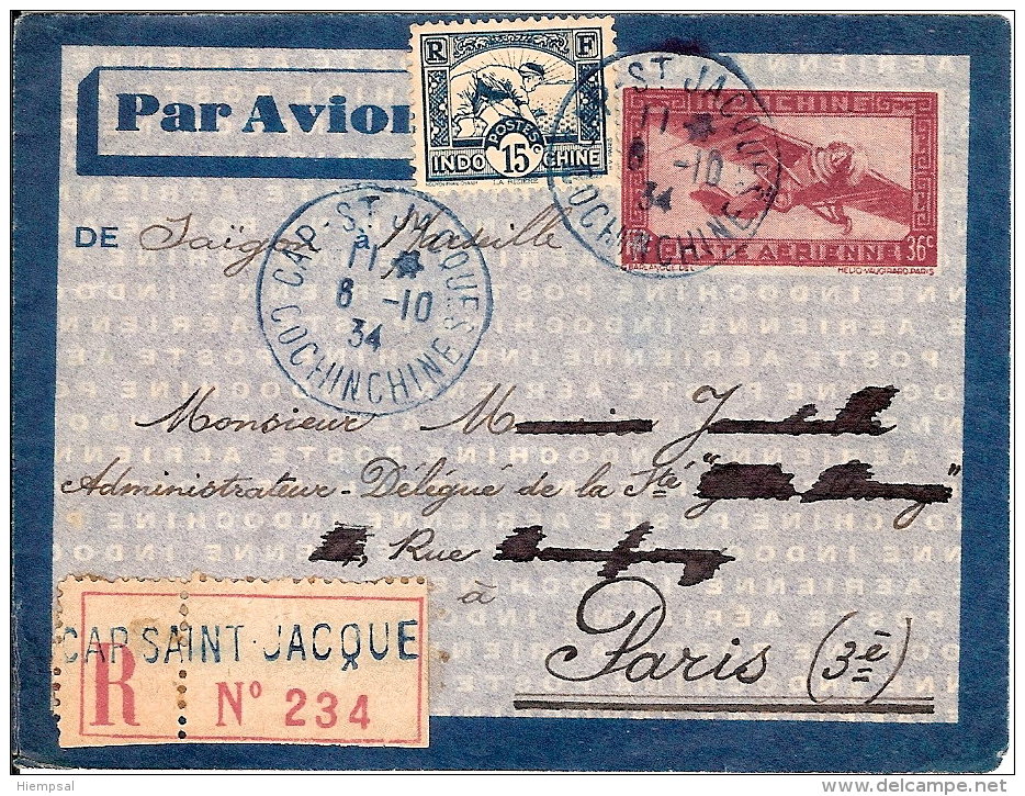 INDOCHINE LETTRE RECOMMANDEE DU 8 /10 /1934   Saigon Marseille - Poste Aérienne