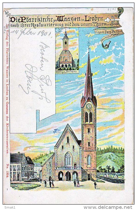 AK STEIERMARK  STYRIA LEOBEN,DIE PFARRKIRCHE ZU WAASEN ,VERLAG PFARRAMTES WASSEN,No.1334,LITHO KARTE ,OLD POSTCARD 1901 - Leoben