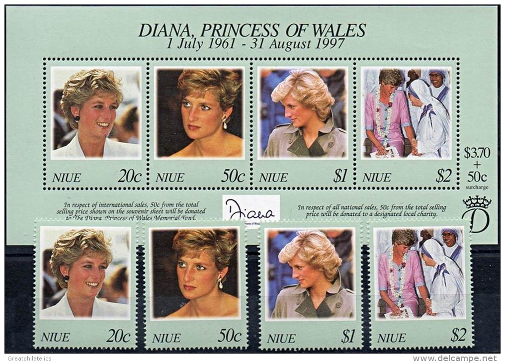 NIUE 1988 PRINCESS DIANA (SET + S/S) MNH BRITISH ROYALTY, MOTHER TERESA - Moeder Teresa