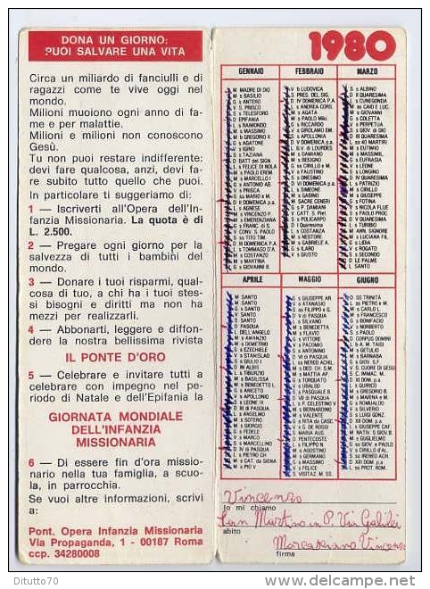 Calendarietto - Giornata Mondiale Dell'infanzia Missionaria - Papa Paolo Giovanni II - 1980 - Big : 1971-80