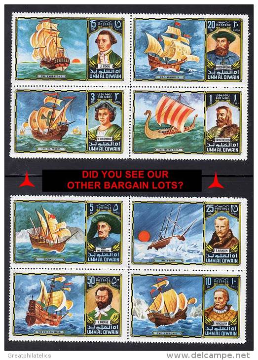 UMM AL QIWAIN = EXPLORERS MNH X2 BLOCKS  COLUMBUS,COOK, SAIL SHIPS, VIKINGS, POLAR (4D0155) - Christoph Kolumbus