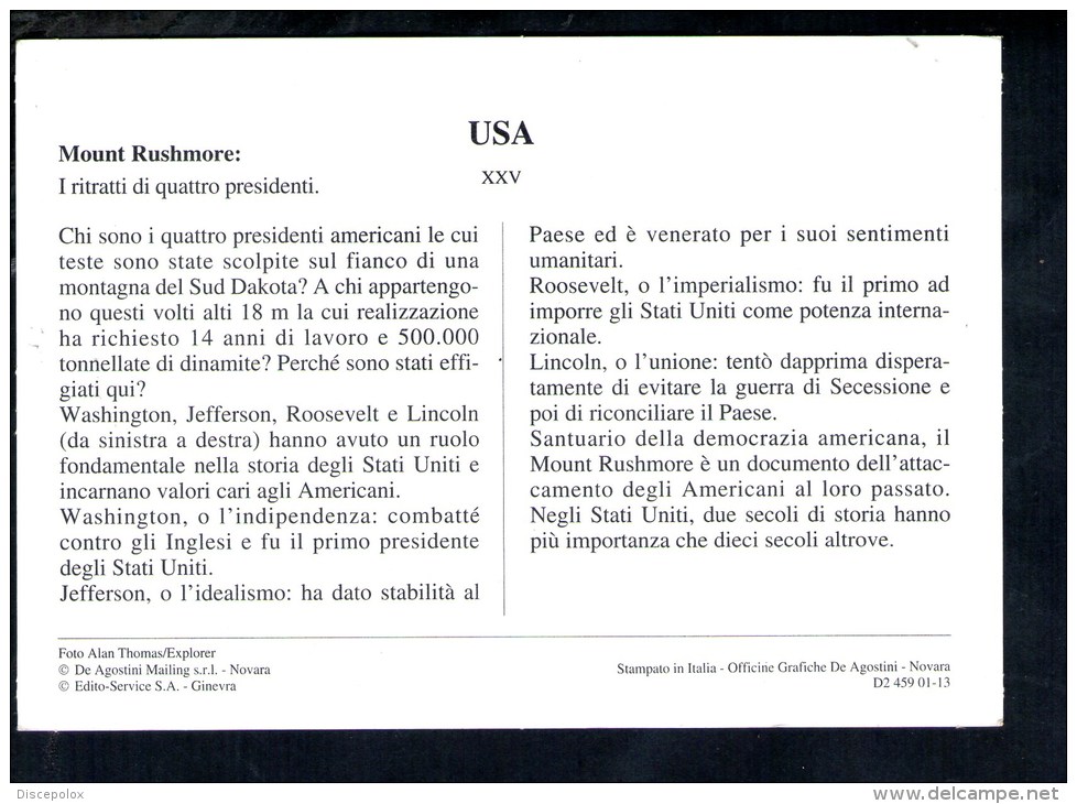 H2044 Mount Rushmore - Card Della Collezione De Agostini Con Descrizione Sul Retro - Mount Rushmore
