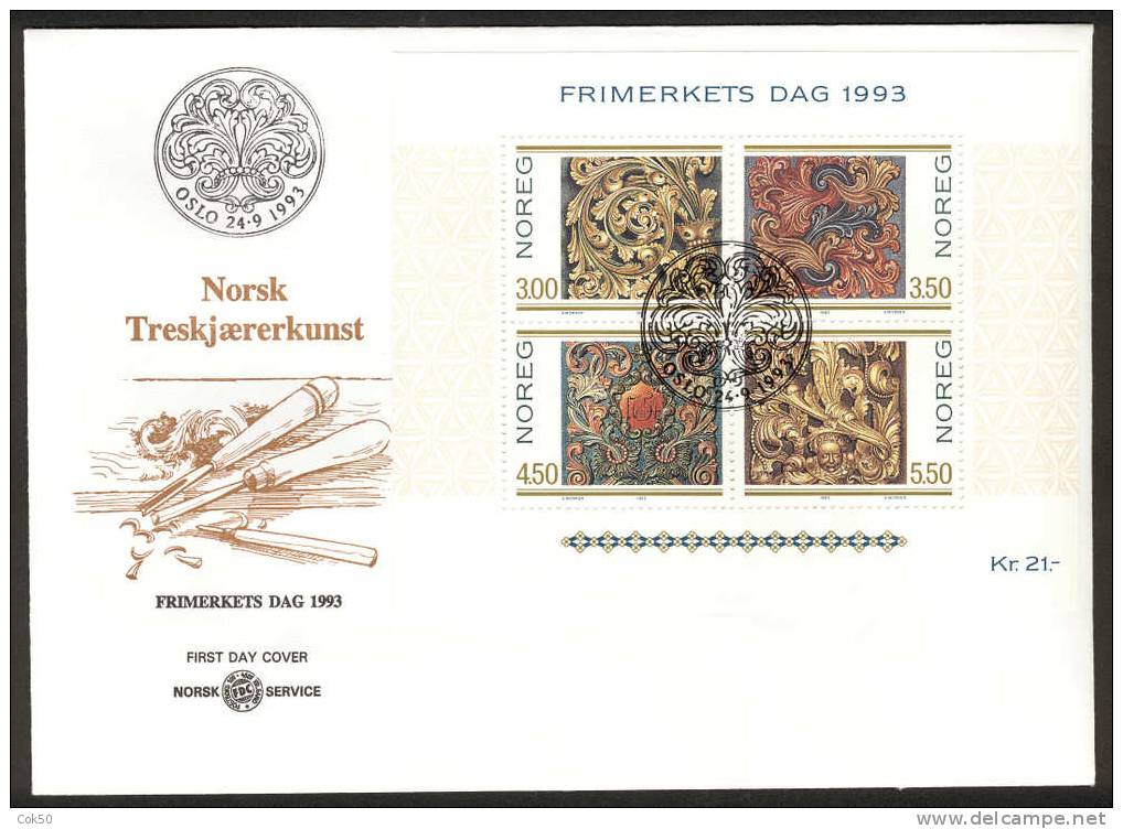 NORWAY FDC 1993 «Wood Carving, Souv.block». Perfect, Cacheted Unadressed Cover - FDC