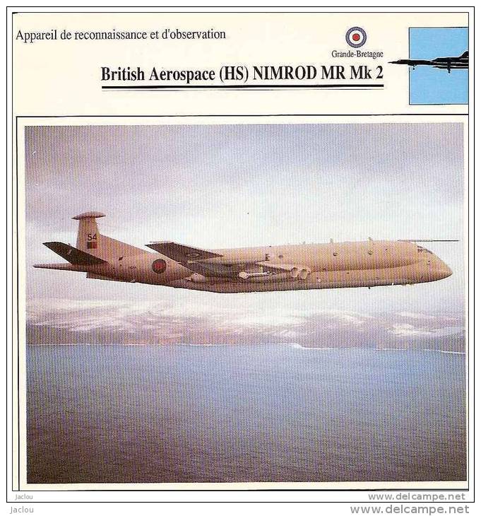 AVIATION FICHE TECHNIQUE APPAREIL DE  RECONNAISSANCE BRITISH AEROSPACE (HS) NIMROD MR MK2 GRANDE BRETAGNE REF 12061 - Vliegtuigen