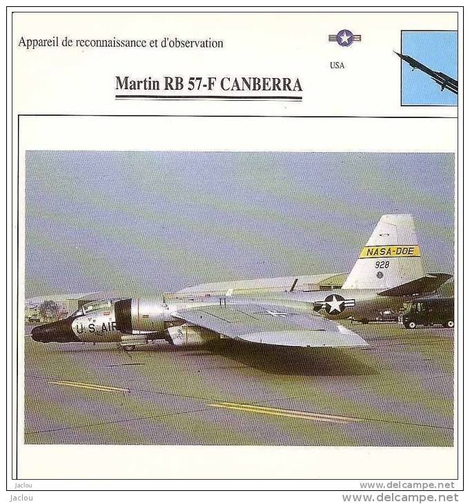 AVIATION FICHE TECHNIQUE APPAREIL DE RECONNAISSANCE MARTIN RB 57-F CANBERRA U.S.A REF 12062 - Vliegtuigen