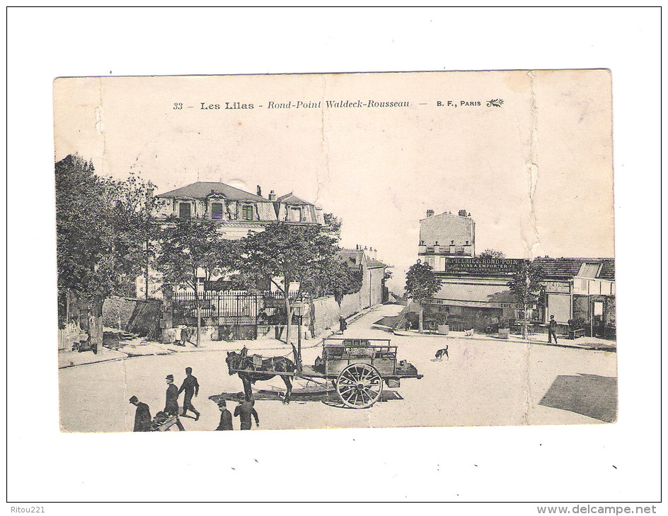 CPA - 93 -  Les Lilas Rond-Point Waldeck-Rousseau 1915 - épicerie Café Billard Animation Attelage Cheval Chien - Les Lilas