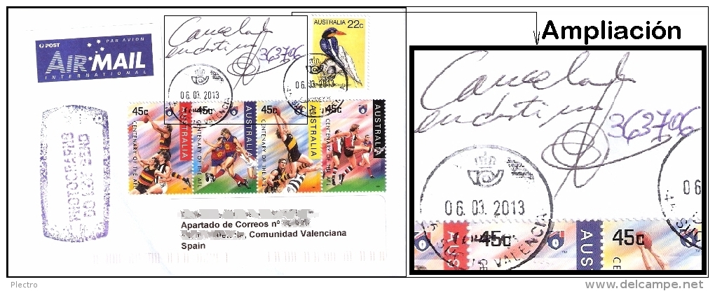 Australia: Sobre De Tema Rugby Cancelado En Destino (España) / Rugby Envelope With Spanish Cancelation. - Variétés Et Curiosités