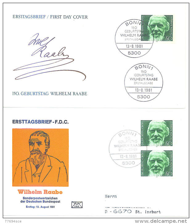 1981  2 Ersttagsbriefe  Wilhelm Raabe - 1981-1990
