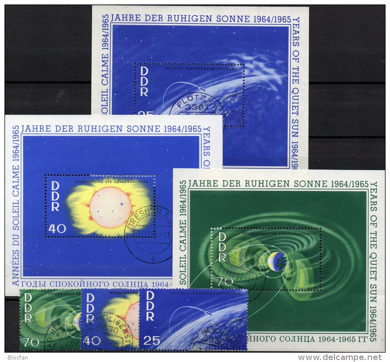 M/s Ruhige Sonne 1964 DDR 1081/3 Plus Block 20/2 O 34€ Erde Satellit Rakete Wolke Blocchi Bf Space Bloc Sheet Of Germany - Collections