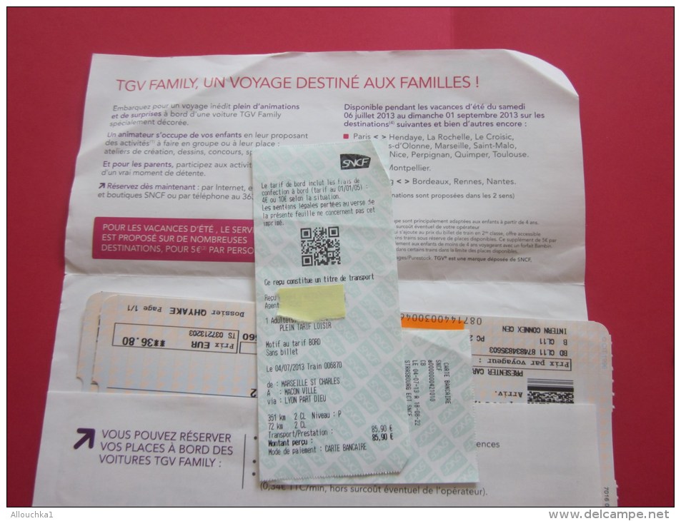 Billet Ticket  Train TGV Titre De Transport SNCF : Marseille Saint-Charles Lyon La Part-Dieu Mâcon Ville  7 Juillet 2013 - World