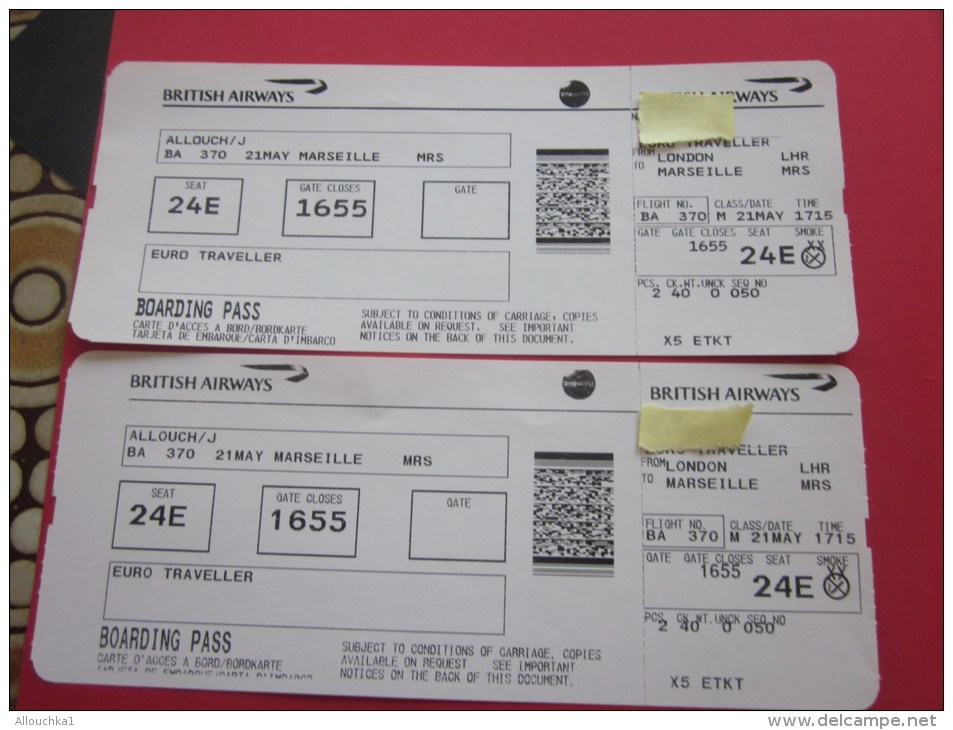 2 Billets Ticket D'avion British Airways&gt;&gt; Londres Marseille BOARDING Pass Embarquement London - Mondo