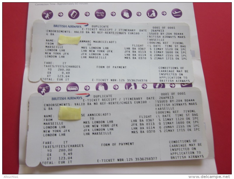 2 Billets Ticket D'avion British Airways &gt;&gt; Londres /New York BOARDING Pass Embarquement London - Mondo