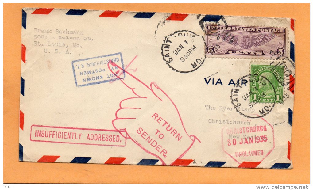 USA 1935 Cover To New Zealand Returned Many Cancels - Storia Postale