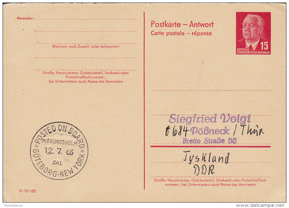 Germany DDR Postal Stationery Ganzsache Entier Antwort Schiffspost Posted On Board MS Kungsholm GÖTEBORG-NEW YORK 1965 - Cartoline - Usati