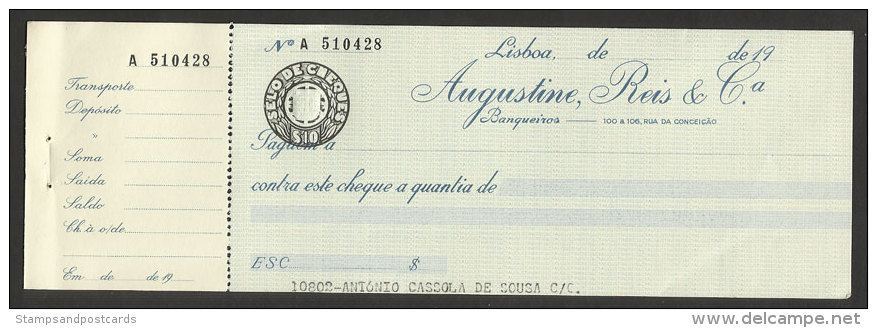 Portugal Timbre Fiscal Fixe $10 Cheque Bancaire Augustine, Reis & C.ª Stamped Revenue $10 Bank Check - Briefe U. Dokumente