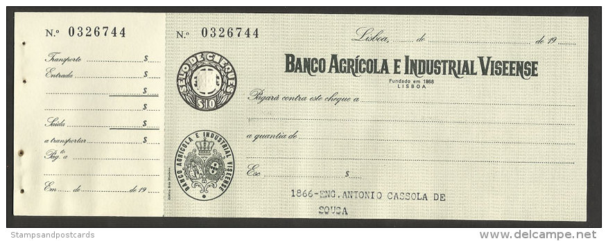 Portugal Timbre Fiscal Fixe $10 Cheque Bancaire Banco Agrícola E Industrial Viseense Stamped Revenue $10 Bank Check - Covers & Documents