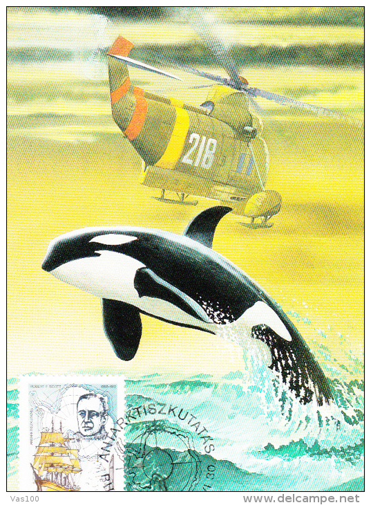 ANTARCTIK EXPLORINGS, WHALE, SHIP, HELICOPTER, CM, MAXICARD, CARTES MAXIMUM, 1987, HUNGARY - Explorateurs