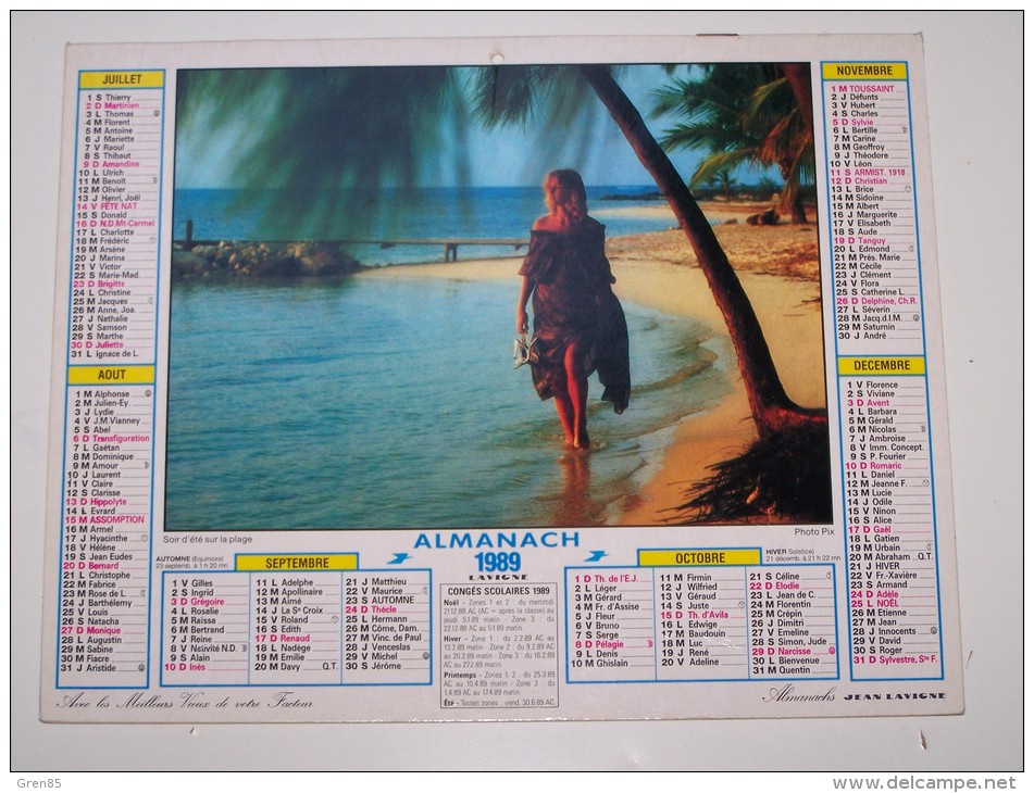 1989 CALENDRIER (double) ALMANACH, LA POSTE, SOIR D'ETE SUR LA PLAGE, PLAGE DES ILES, ALMANACHS LAVIGNE, ARDENNES 08 - Groot Formaat: 1981-90