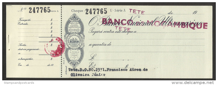 Mozambique Portugal Fiscal Cheque Bancaire BNU Tete Surchargé Independence Stamped Revenue Bank Check Overprinted - Covers & Documents