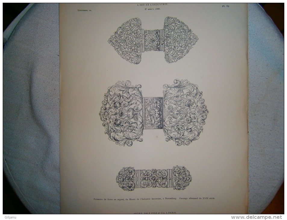 PLANCHE L ART ET L INDUSTRIE  FERMOIRS DE LIVRES EN ARGENT   ANNEE 1886 - Other Plans