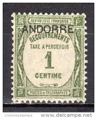 (SA0300) FRENCH ANDORRA, 1932 (Postage Due Stamp, 1c, Olive Green) Mi # P9. Mint Hinged* Stamp - Neufs