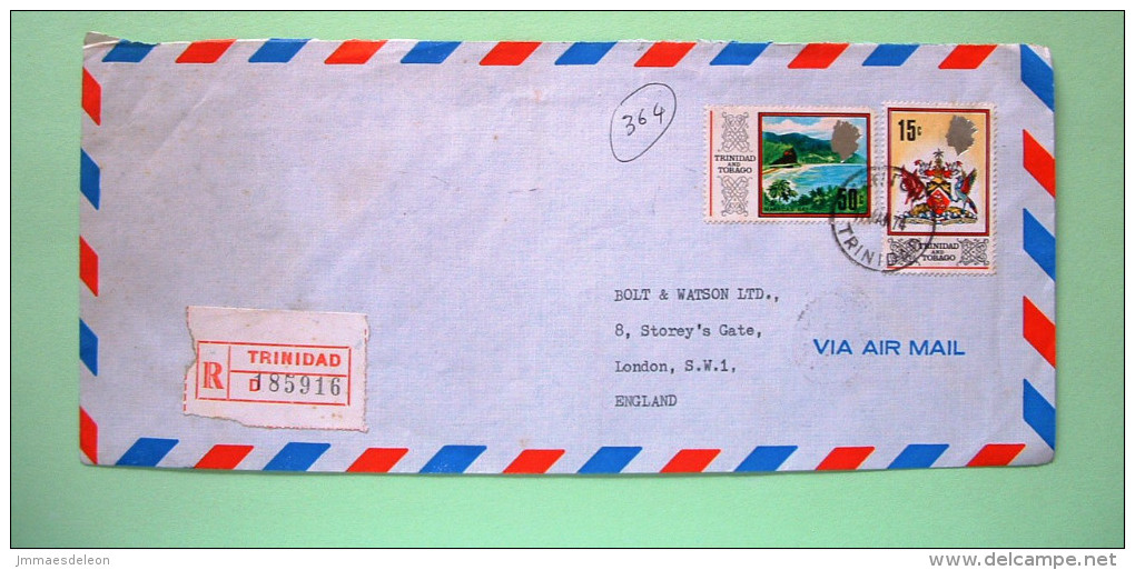 Trinidad & Tobago 1974 Registered Cover To England - Coat Of Arms With Flamingo - Maracas Bay - Trinidad & Tobago (1962-...)