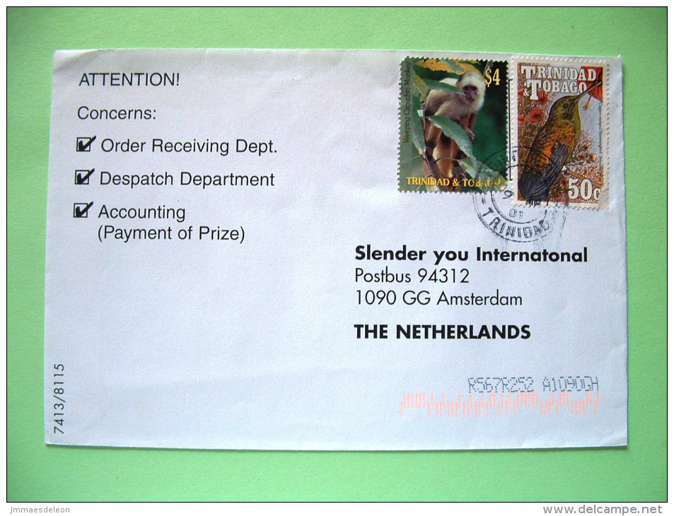 Trinidad & Tobago 2001 Cover To Holland - Birds Hummingbirds - Capuchin Monkey - Trinité & Tobago (1962-...)