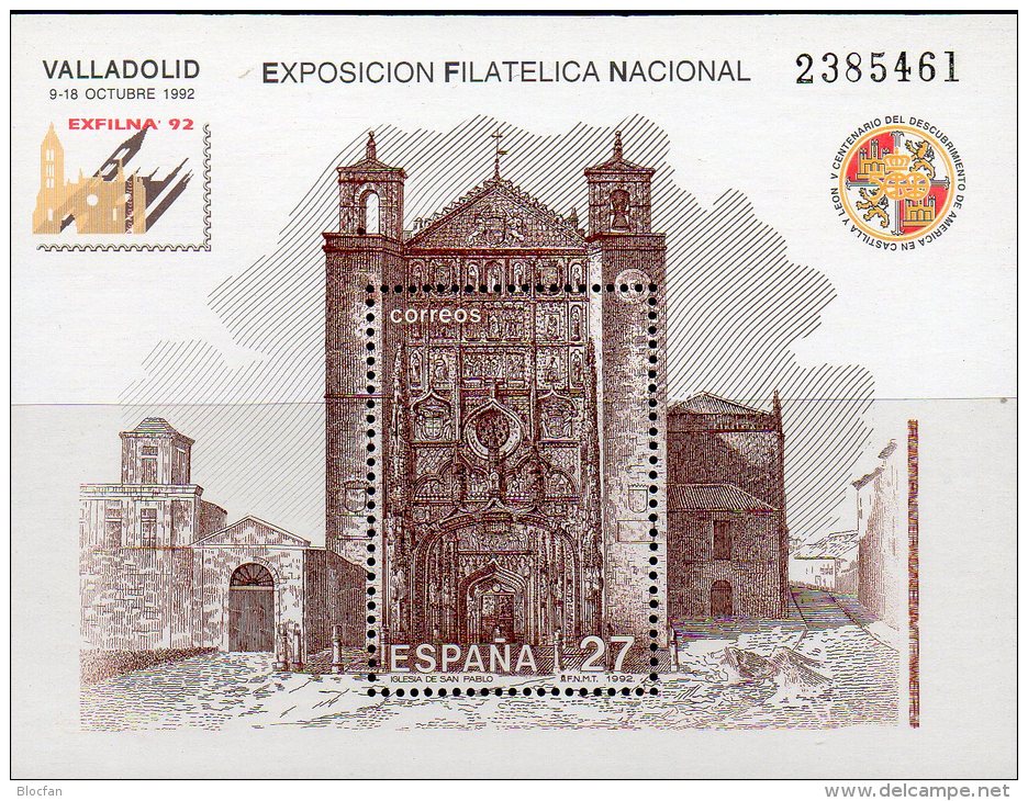 EXFILNA Valladolid 1992 Spanien Block 51 ** 1€ Dominikaner-Kloster San Pablo Hoja Church Bloc Philatelic Sheet Bf Espana - Blocks & Sheetlets & Panes