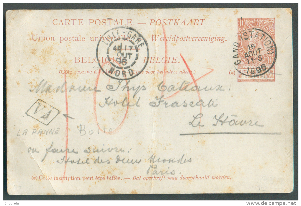 E.P. Carte 10 Centimes FIne Barbe, Obl. Sc GAND (STATION) Du 16 Août 1896 + Boîte (parallélogramme) VA Datée De LA PANNE - Cartes Postales 1871-1909