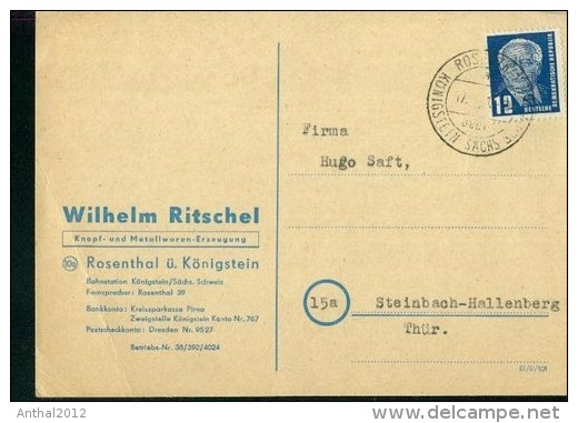 Ganzsache Rosenthal Königstein 17.2.1951 W. Ritschel Knopf- Und Metallwaren-Erz. - Postkarten - Gebraucht