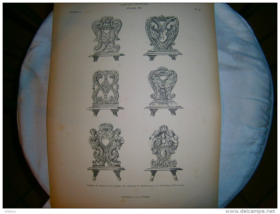 PLANCHE L ART ET L INDUSTRIE  DOSSIERS DE CHAISES EN BOIS SCULPTE  ANNEE 1882 - Other Plans