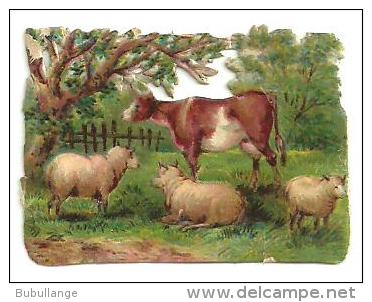 Découpis Gaufrés, Brillant, Scène Champêtre, Vache, Moutons, DIM 4cm X 3cm - Animaux