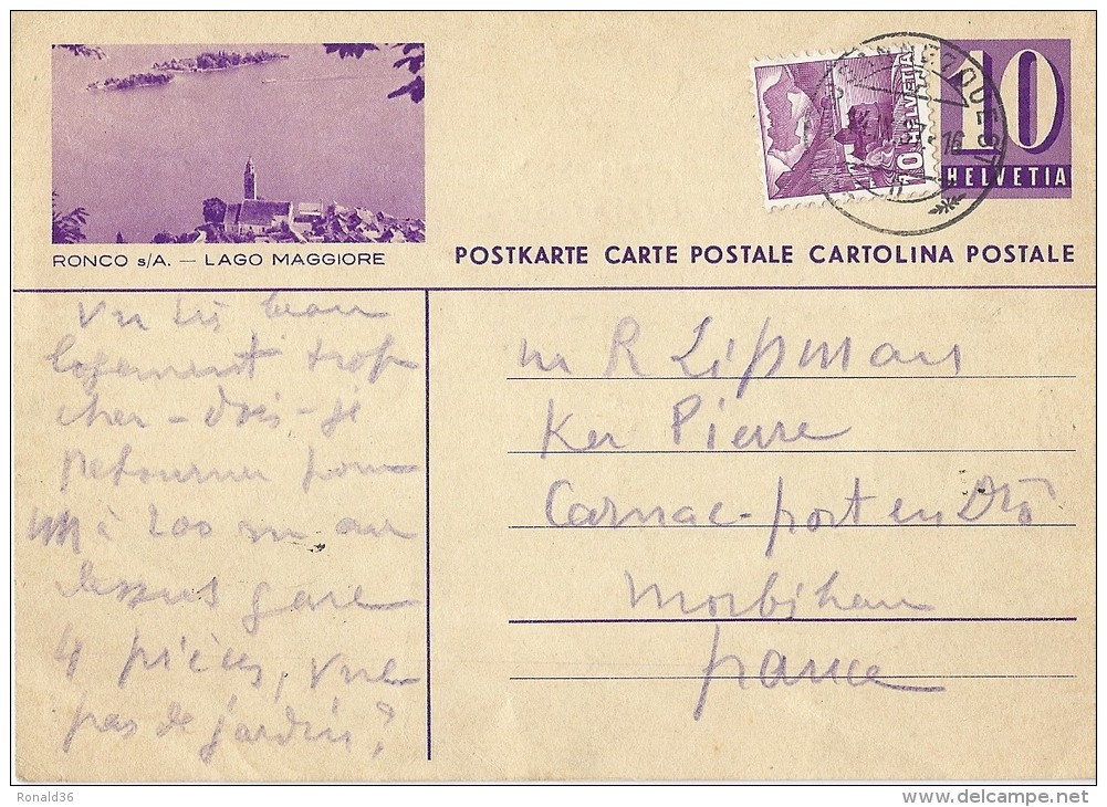 Cp  Entier Postal  Et Timbre Suisse , Cachet LAUSANNE ,  RONCO S/A LAGO MAGGIORE ( Colorisée Violette ) - Ronco Sopra Ascona