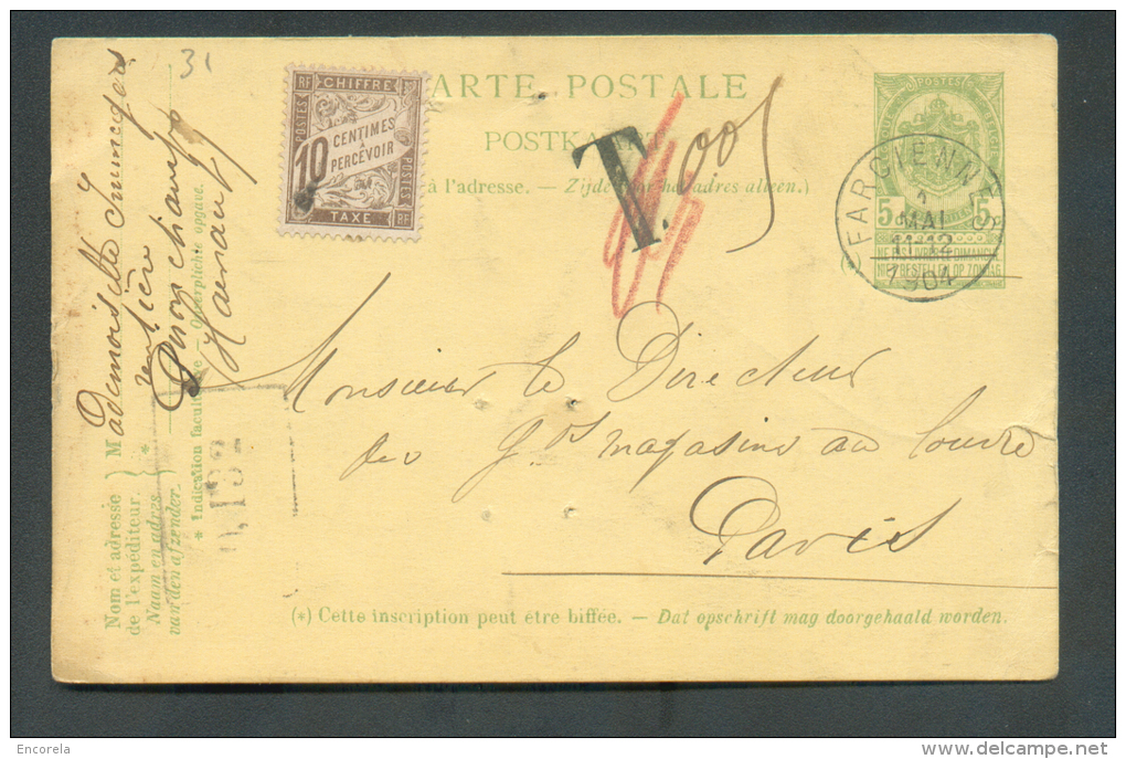 E.P. Carte 5 Centimes Vert Obl. Sc FARCIENNES Du 1 Mai 1904 Vers Paris + Griffe "T" (biffée) + Manuscrit "0,05" + Timbre - Postkarten 1871-1909