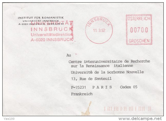 AMOUNT 700, INNSBRUCH, UNIVERSITY, SPECIAL MACHINE STAMPS ON COVER, 1992, AUSTRIA - Macchine Per Obliterare (EMA)