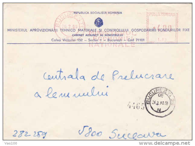 AMOUNT 4.00, BUCHAREST, MINISTERY, MACHINE STAMPS ON COVER, 1990, ROMANIA - Franking Machines (EMA)