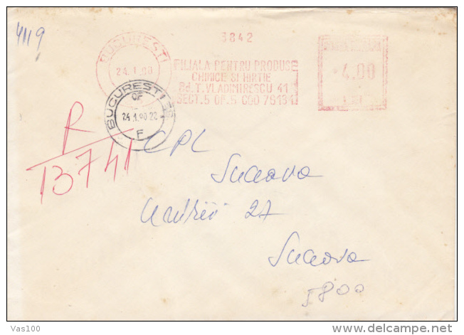 AMOUNT 4.00, BUCHAREST, PAPER COMPANY, MACHINE STAMPS ON REGISTERED COVER, 1990, ROMANIA - Machines à Affranchir (EMA)