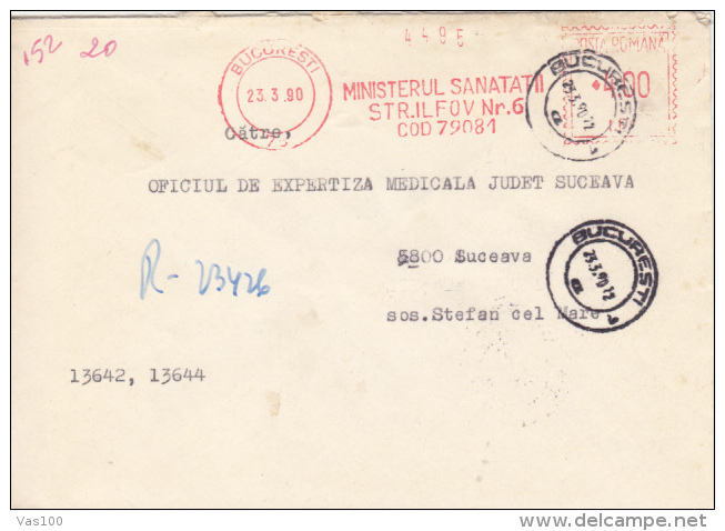 AMOUNT 4.00, BUCHAREST, HEALTH MINISTERY, MACHINE STAMPS ON REGISTERED COVER, 1990, ROMANIA - Franking Machines (EMA)