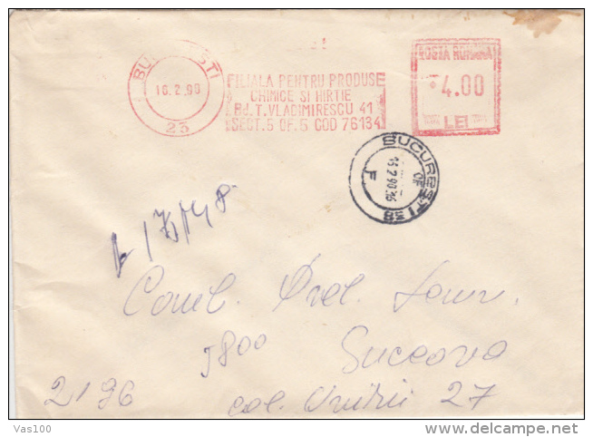 AMOUNT 4.00, BUCHAREST, PAPER COMPANY, MACHINE STAMPS ON REGISTERED COVER, 1990, ROMANIA - Franking Machines (EMA)