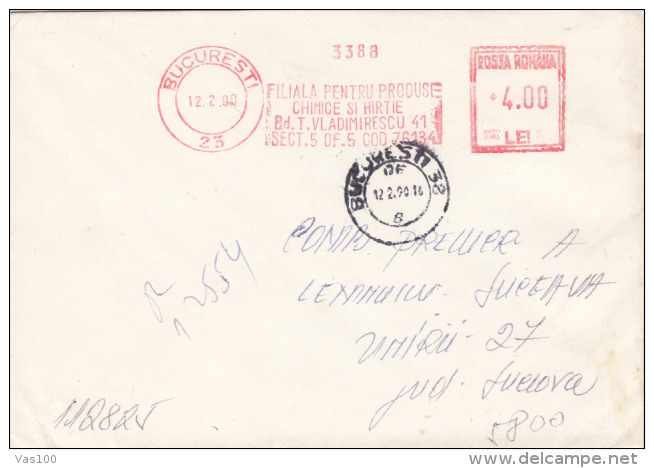 AMOUNT 4.00, BUCHAREST, PAPER COMPANY, MACHINE STAMPS ON REGISTERED COVER, 1990, ROMANIA - Maschinenstempel (EMA)