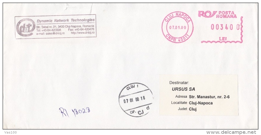 AMOUNT 3400, CLUJ NAPOCA, TELECM COMPANY, MACHINE STAMPS ON REGISTERED COVER, 2000, ROMANIA - Franking Machines (EMA)