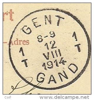 123 Op Kaart Met Stempel GENT / GAND Op 12/08/1914 (Offensief W.O.I) - Not Occupied Zone