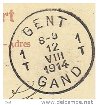 123 Op Kaart Met Stempel GENT / GAND Op 12/08/1914 (Offensief W.O.I) - Zona No Ocupada